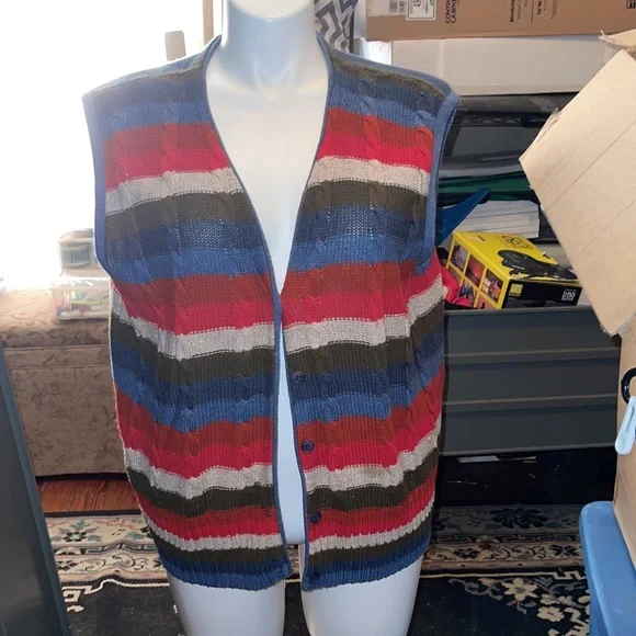 SHELL/VEST TOP Knitted BUTTON FRONT 2Blues/White/Red/Brown - Picture 2 of 8